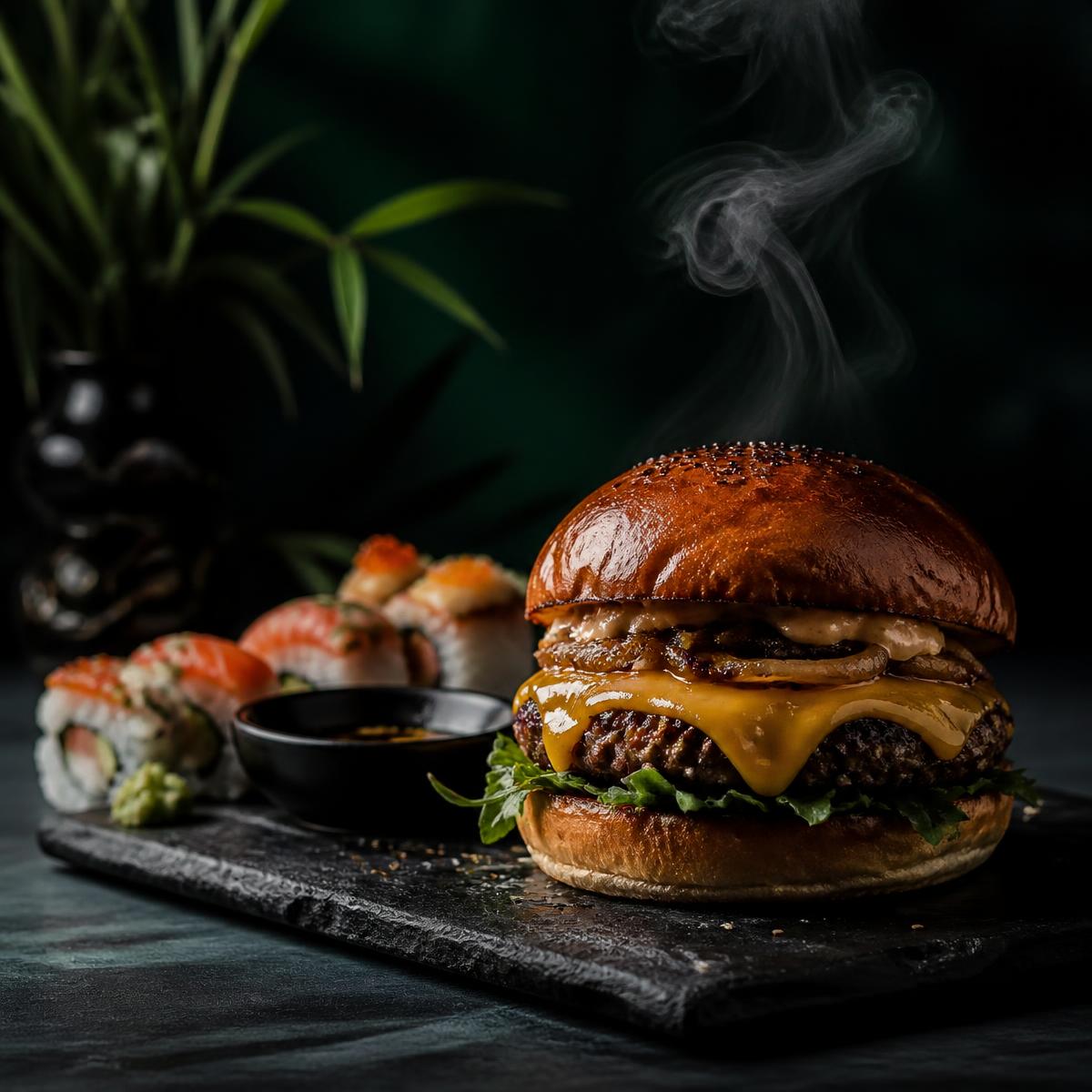 Burger med smeltet cheddar og sushi i baggrunden