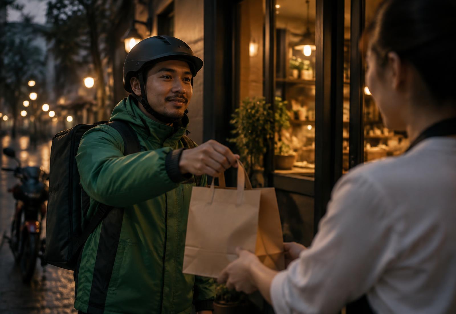 Bud i grøn jakke leverer en takeaway-pose til en kunde uden for restauranten