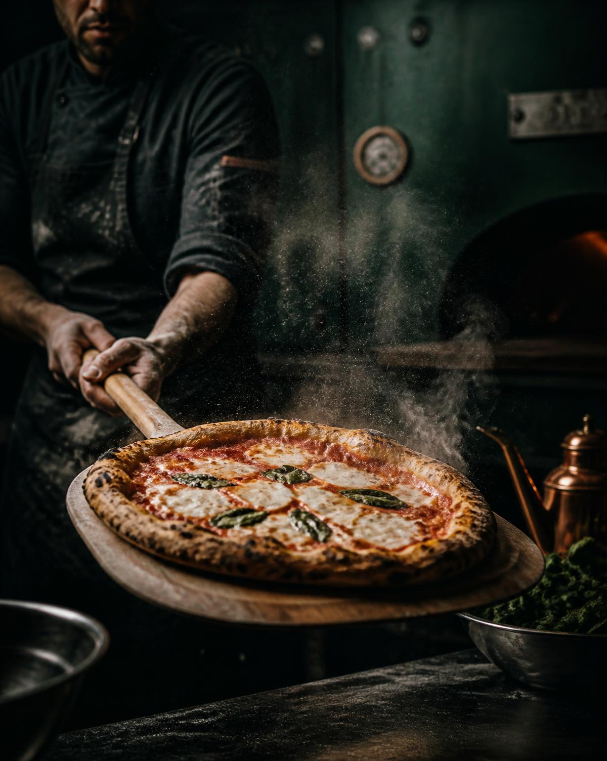 Pizzabager løfter en rygende pizza ud af stenovnen