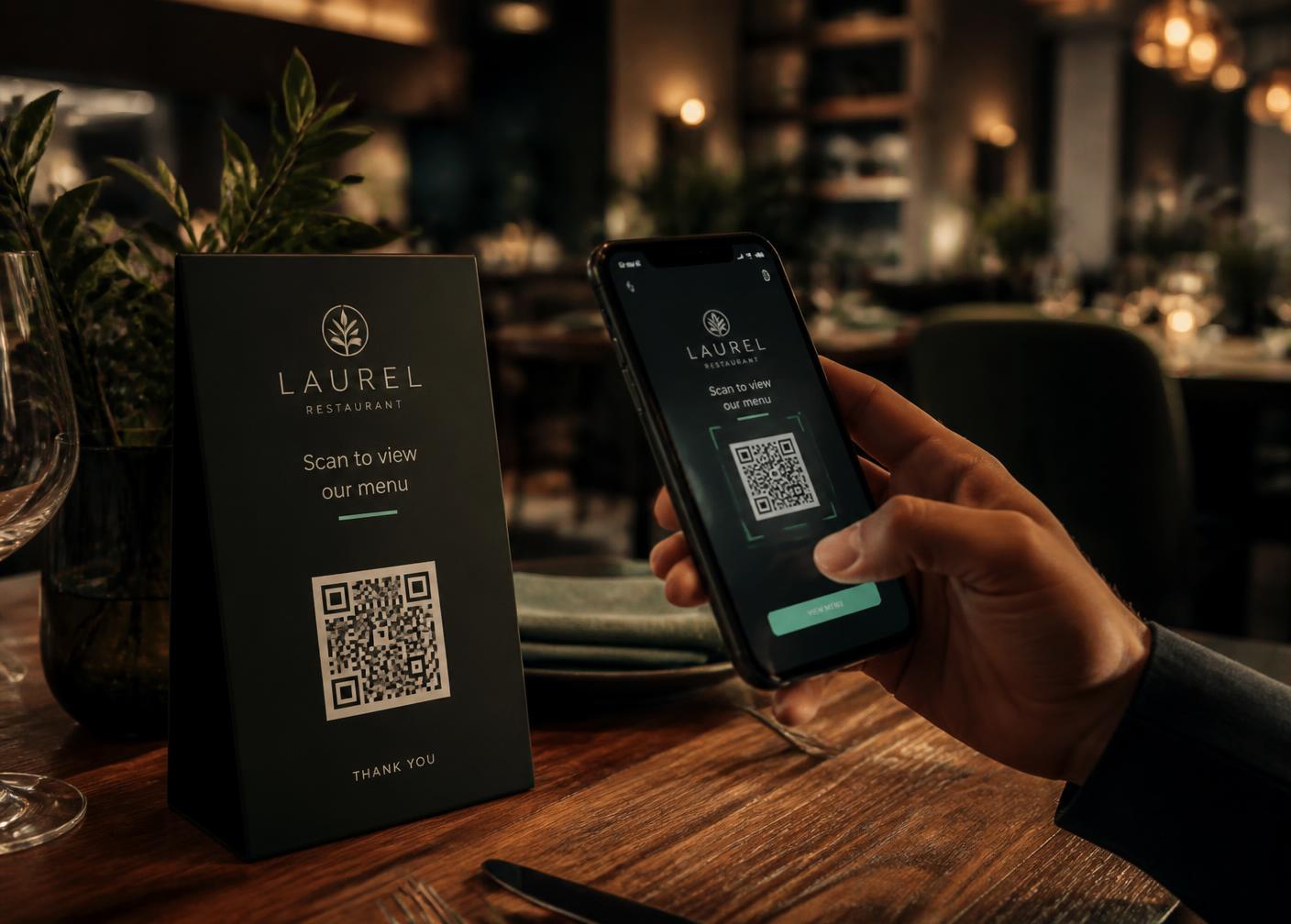 Gæst scanner QR-kode på et restaurantbord med telefonen